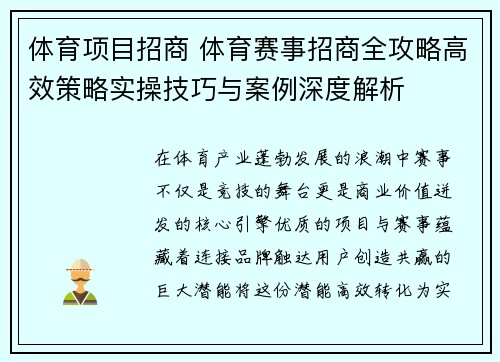 体育项目招商 体育赛事招商全攻略高效策略实操技巧与案例深度解析